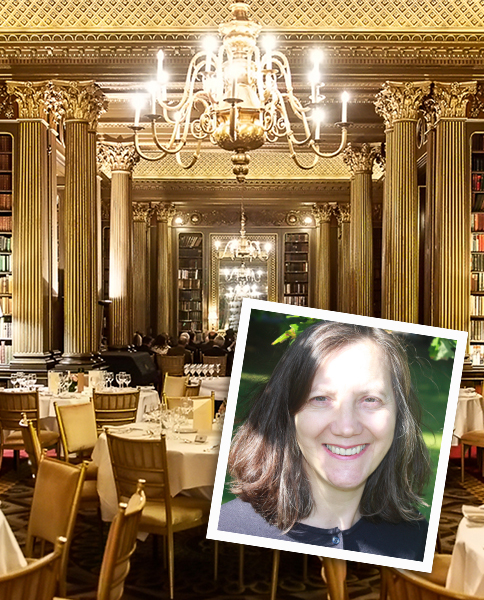 interior of the Reform Club with photo of Dr Alison Milbank in foreground