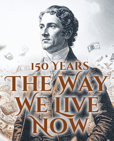 Victorian man standing in front of swirling bank notes