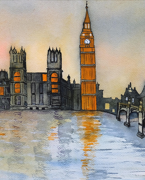 watercolour of Westminster Bridge and the Palace of Westminster by Pamela Barrell