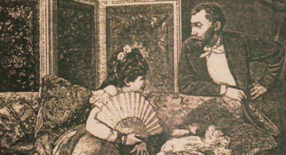Illustration of a Victorian woman on a sofa talking to a man standing behind the sofa