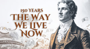 image of a Victorian man standing in front of swirling paper notes