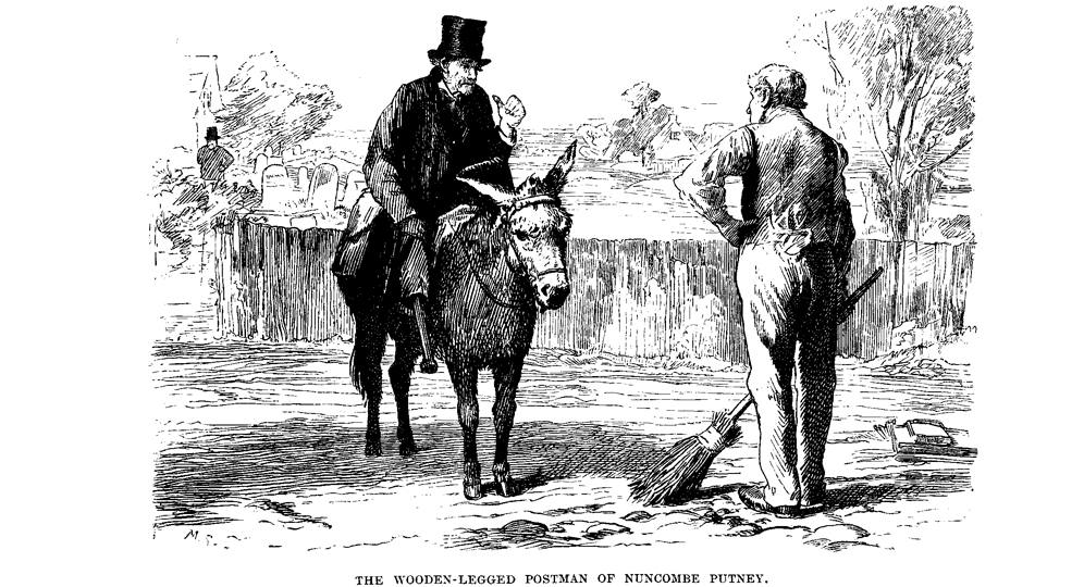 image of a wooden legged postman riding a donkey